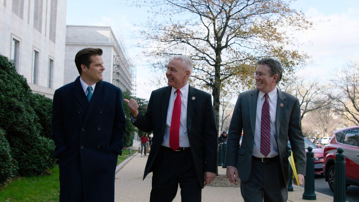 Rep. Matt Gaetz of Florida walks with fellow Republican Reps. Ken Buck of Colorado and Thomas Massie of Kentucky in Washington, D.C.  (HBO)