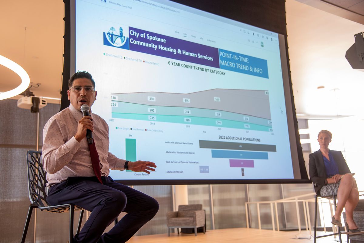 Daniel Ramos, left, a data scientist who works for the city of Spokane and Shiloh Dietz, right, community data coordinator for the Spokane Public Library and the city of Spokane interpret the point-in-time count of the homeless population made in January of this year at a public meeting held Wednesday, July 13, 2022 at the Spokane Central Library.  (Jesse Tinsley/THE SPOKESMAN-REVIEW)
