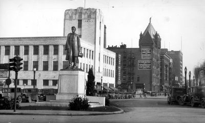 The statue of Abraham Lincoln at Monroe and Main in downtown Spokane is pictured in this 1931 image. The statue was dedicated on Armistice Day in 1930. (Photo Archive / The Spokesman-Review)