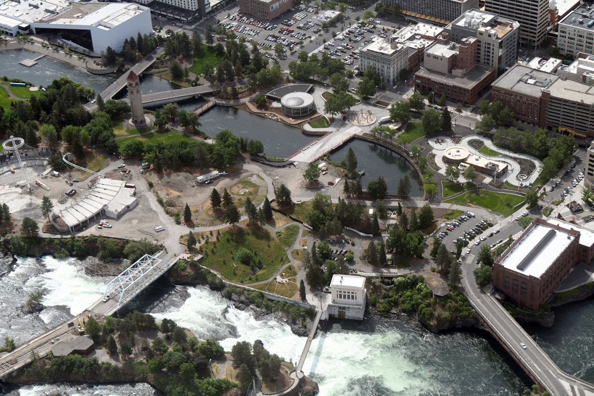 The Spokane River flows through downtown Spokane and Riverfront Park, shown June 6, 2018. (Jesse Tinsley / The Spokesman-Review)