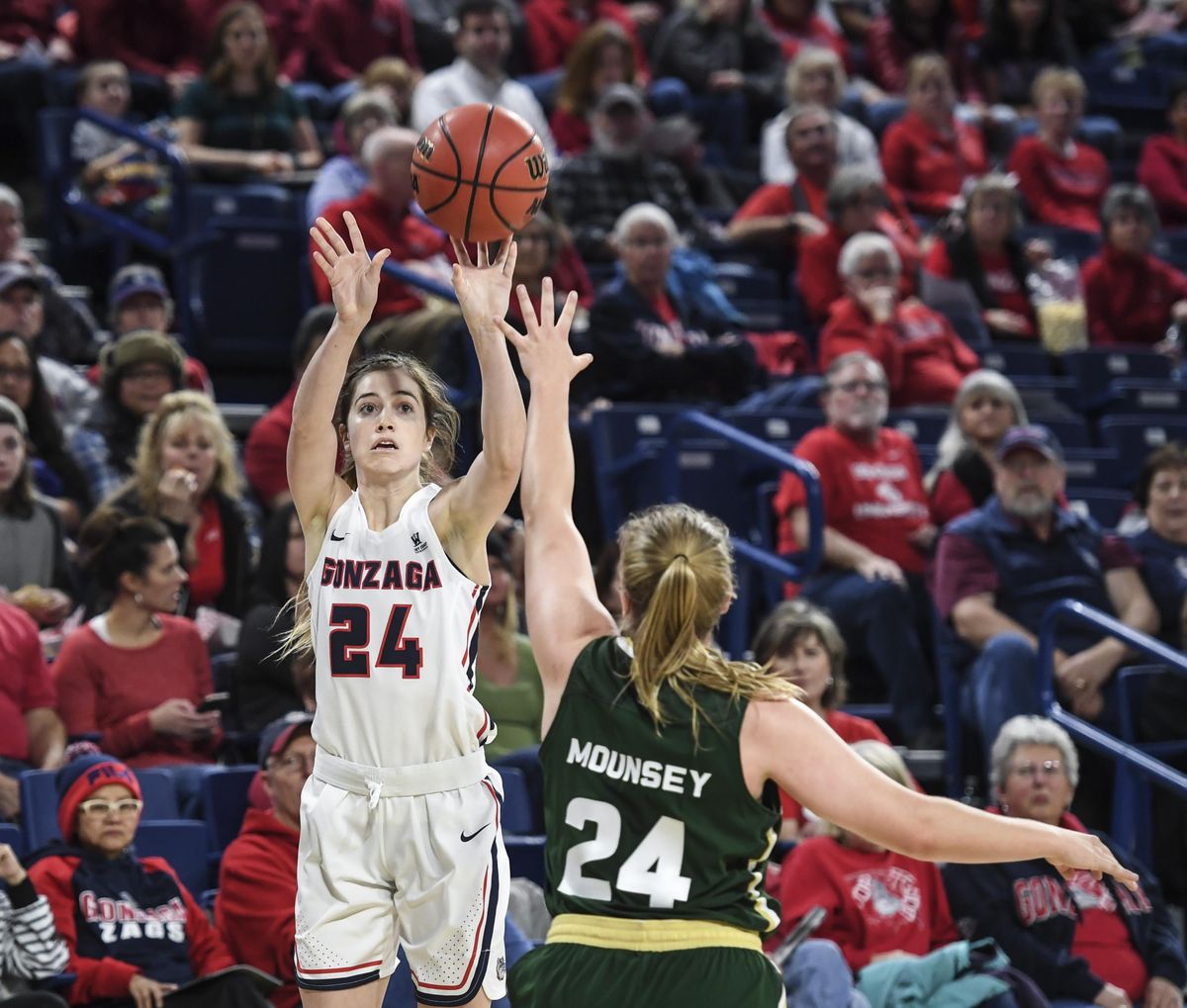 Gonzaga guard Katie Campbell hits a 3-pointer over Colorado State guard Mollie Mounsey on Nov. 28  in the McCarthey Athletic Center. (Dan Pelle / The Spokesman-Review)