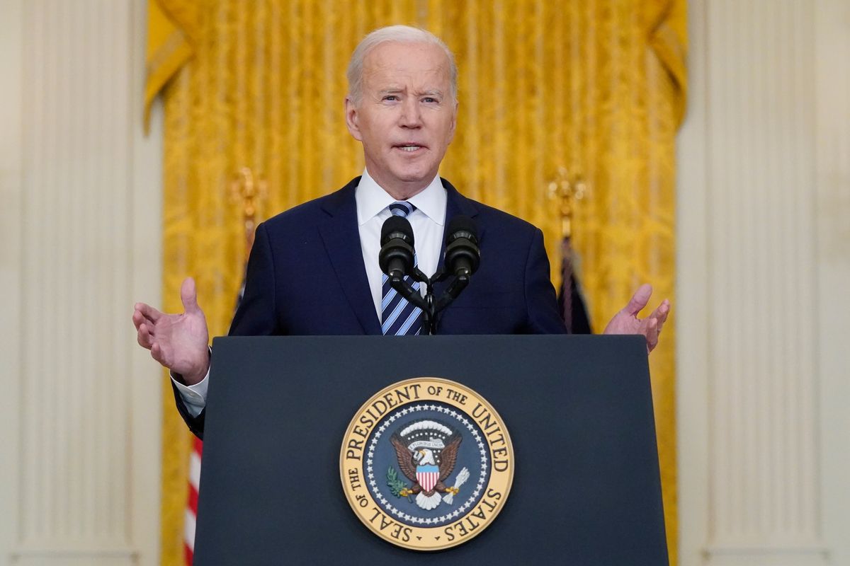 President Joe Biden speaks about the Russian invasion of Ukraine in the East Room of the White House, Thursday, Feb. 24, 2022, in Washington.  (Alex Brandon)