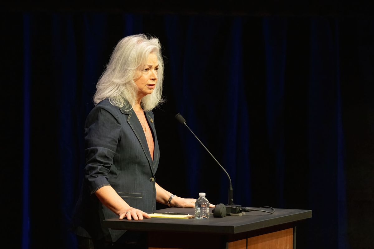 Carmela Conroy (D) debates Michael Baumgartner (R), candidate for the 5th District Congressional seat, debate, Tuesday, Oct. 8, 2024, at Gonzaga University’s Myrtle Woldson Performing Arts Center.  (Colin Mulvany/The Spokesman-Review)