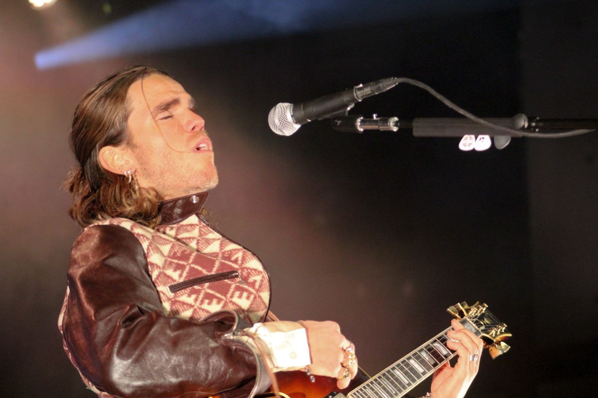 Kaleo frontman and lead guitarist Jökull Júlíusson, aka J.J., performs at Knitting Factory on Saturday night in downtown Spokane.  (Jordan Tolley-Turner/For The Spokesman-Review)