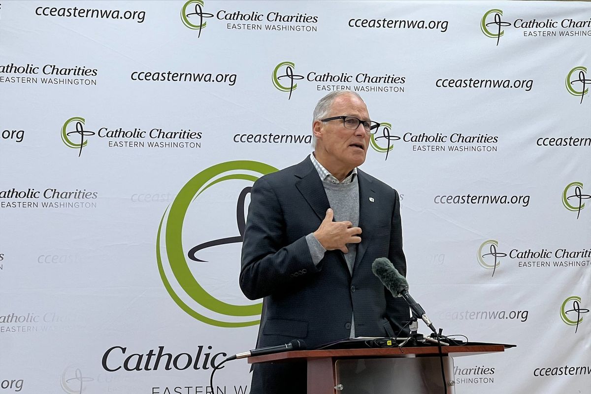 Gov. Jay Inslee speaks at the preview the opening of the new Catalyst Project, a converted hotel which will now be used as emergency supportive housing for people living unsheltered in the Spokane community.