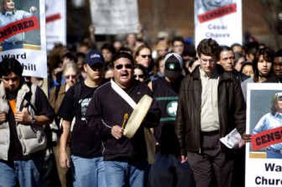 
American Indian activist Gary Fox leads 300 people in a march to the beat of his drum during a rally for Ward Churchill and free speech at Eastern Washington University on Thursday afternoon. 
 (Holly Pickett / The Spokesman-Review)