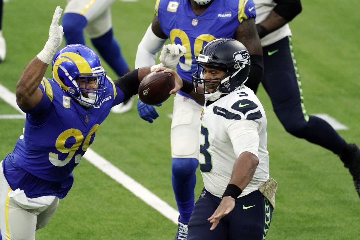 Rams defensive end Aaron Donald said he relishes another shot at Seattle quarterback Russell Wilson, such as the Nov. 15 game in Inglewood, Calif.  (Associated Press)