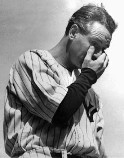 
Yankees first baseman Lou Gehrig wipes away a tear during his farewell speech. Associated Press
 (Associated Press / The Spokesman-Review)