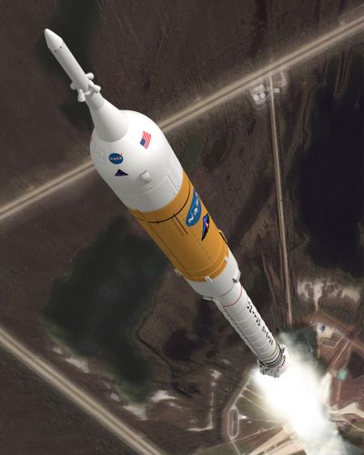 Courtesy of NASA A concept image shows the Ares I rocket during ascent. The vehicle was intended to ferry humans into space. (Courtesy of NASA)