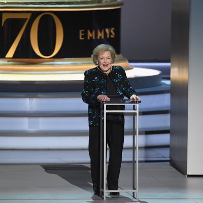 Betty White speaks Sept. 17, 2018, onstage during the 70th Emmy Awards at Microsoft Theater in Los Angeles.  (Getty Images)