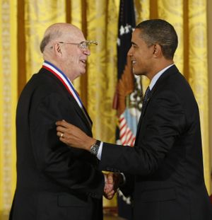 President Barack Obama presents the National Medal of Technology and Innovation to Forrest Bird on Oct. 8, 2009, in the East Room of the White House.  (Associated Press file photo)