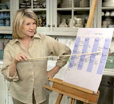 
Martha Stewart points to a calendar where she tracks her chores on the set of her syndicated television show 