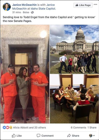 A now-deleted Facebook post by Idaho Lt. Gov. Janice McGeachin showing her posing with two men in prison garb is causing concern among lawmakers in the Senate, but it’s not clear if any kind disciplinary action might occur. (Janice McGeachin / Facebook)