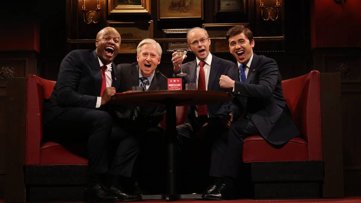 Idaho’s U.S. Sen. Jim Risch was portrayed by actor Mikey Day, second from right, in a sketch on “Saturday Night Live.” (Will Heath/NBC)