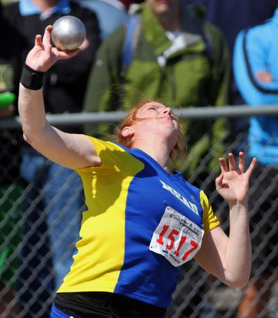Mead's Courtney Hutchinson uncorks the shot during the 4A Girls Shot Put Friday at the State Track and Field Meet in Tacoma, Wash. Hutchinson won the event with a throw of 44' 8.75