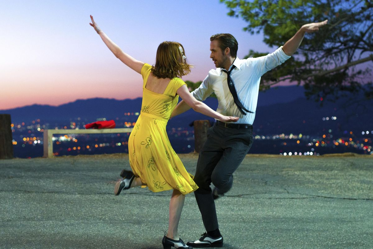 Ryan Gosling, right, and Emma Stone star in “La La Land,” which picked up seven nominations for the 74th annual Golden Globe Awards. (Dale Robinette / Lionsgate)