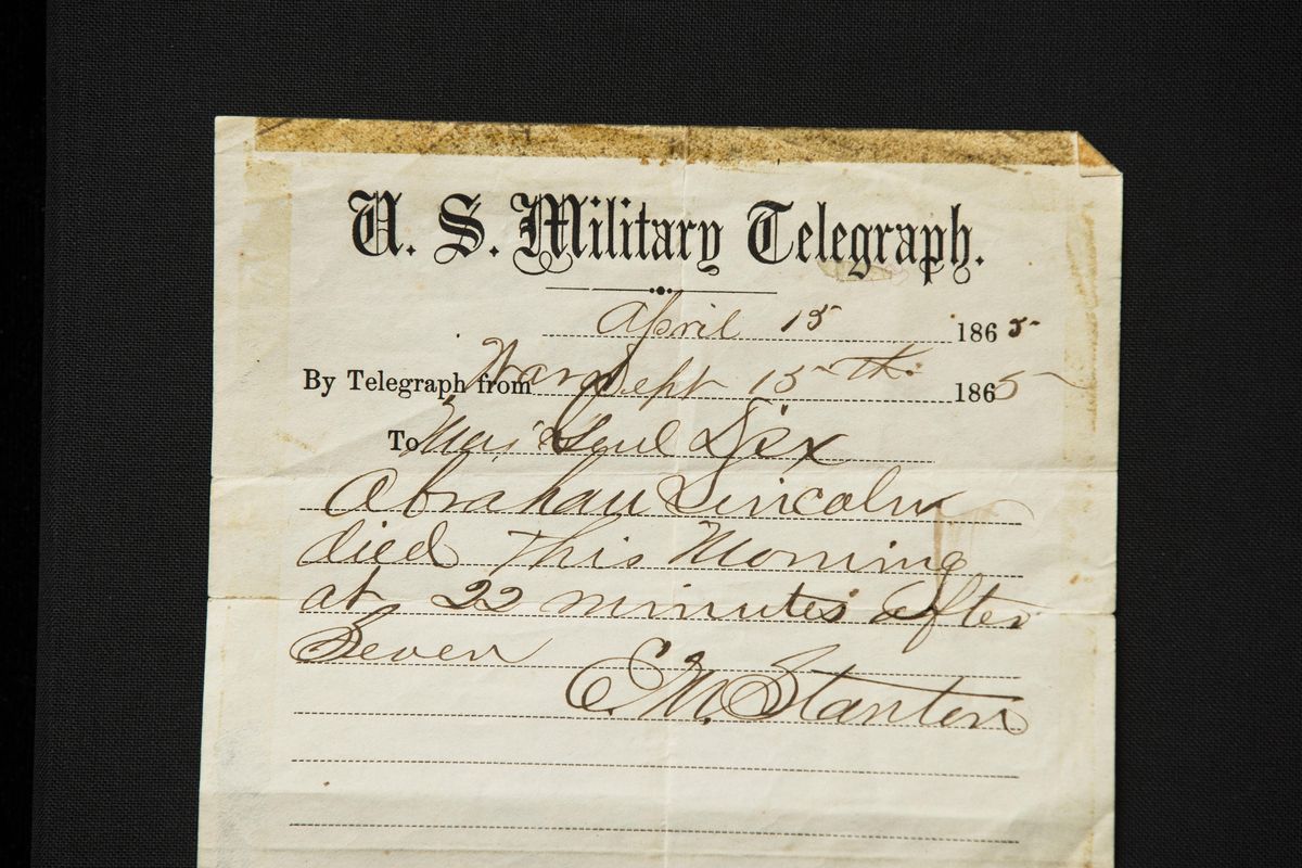 This photo shows a handwritten notification of President Abraham Lincoln’s death that is being offered for sale by Raab Collection in Ardmore, Pa., Thursday, April 11, 2019. The telegram was written inside a home where Lincoln was rushed after being shot at Ford’s Theater on April 14, 1865. (Matt Rourke / Associated Press)