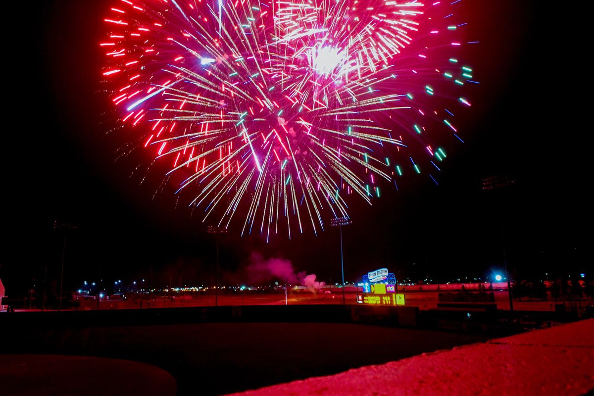 Fireworks light up the sky during opening night at Avista Stadium on May 4, 2021.   (Kathy Plonka/The Spokesman-Review)