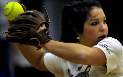 Coeur d’Alene High School 10th grader Jessica Lupinacci during softball practice at the school on Tuesday. (Kathy Plonka / The Spokesman-Review)