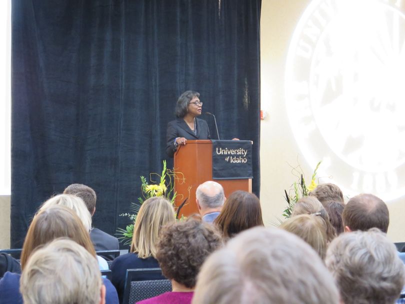 Anita Hill speaks to a large crowd at the Grove Hotel in Boise on Tuesday, Oct. 10, 2017, as part of the University of Idaho's Bellwood Lectures. (Betsy Russell)