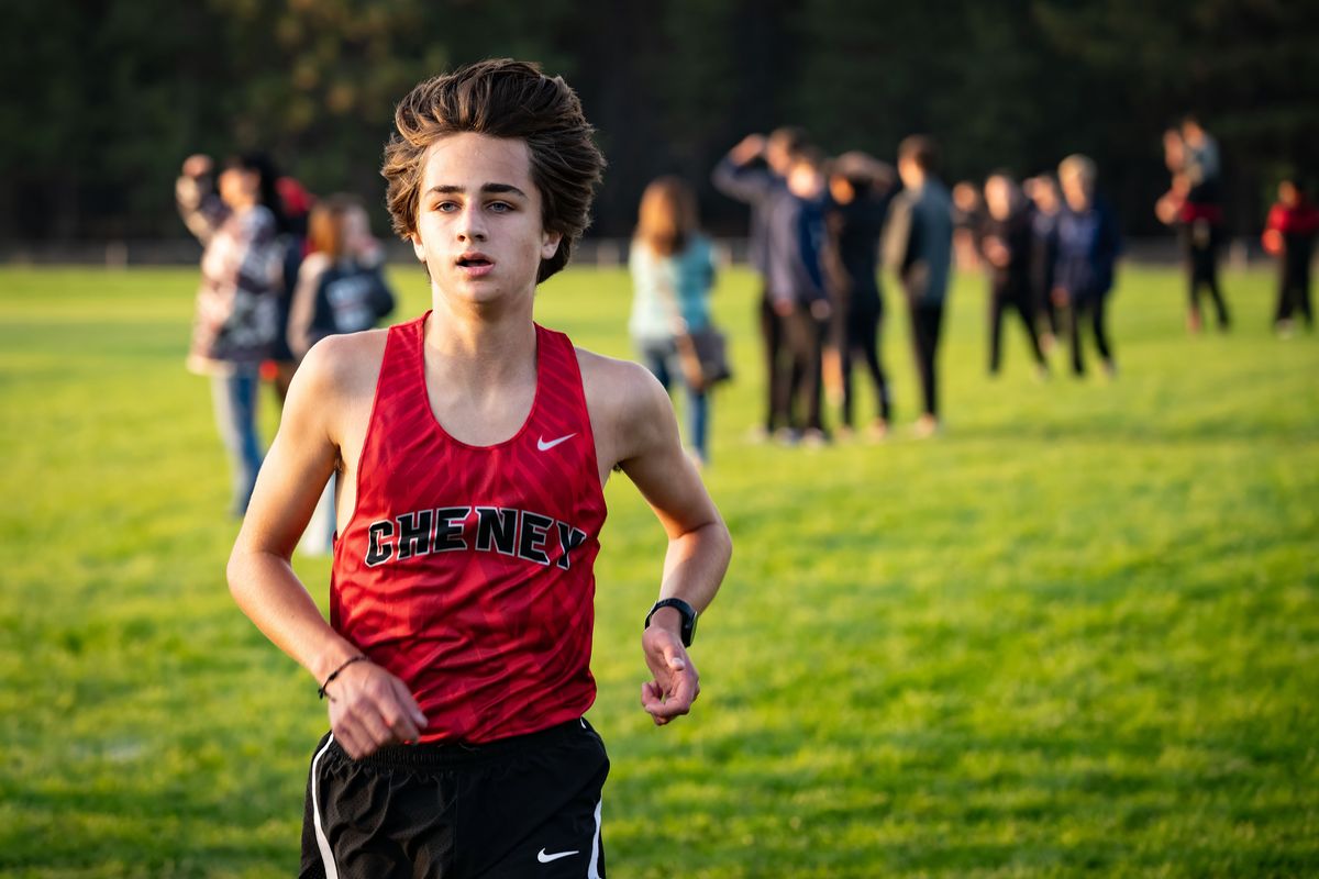 Cheney’s Calvin Hilton heads to the finish line during a Greater Spokane League boys cross county meet Sept. 20 at Mountainside Middle School.  (COLIN MULVANY)