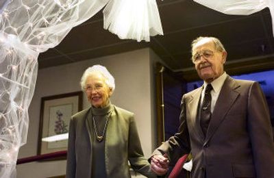 Marion and Orval Wood, 86 and 83, respectively, walk into the dining room at the Academy Retirement Community to join six other couples in renewing their wedding vows on Monday, just in time for Valentine's Day. The Woods have been married 55 years. 
 (Kathryn Stevens / The Spokesman-Review)