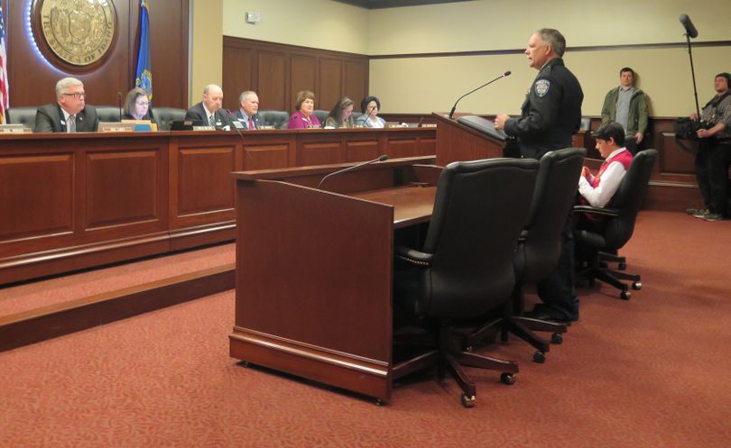 Canyon County Sheriff Kieran Donohue testifies against faith-healing legislation on Monday, March 20, 2017 (Betsy Z. Russell)