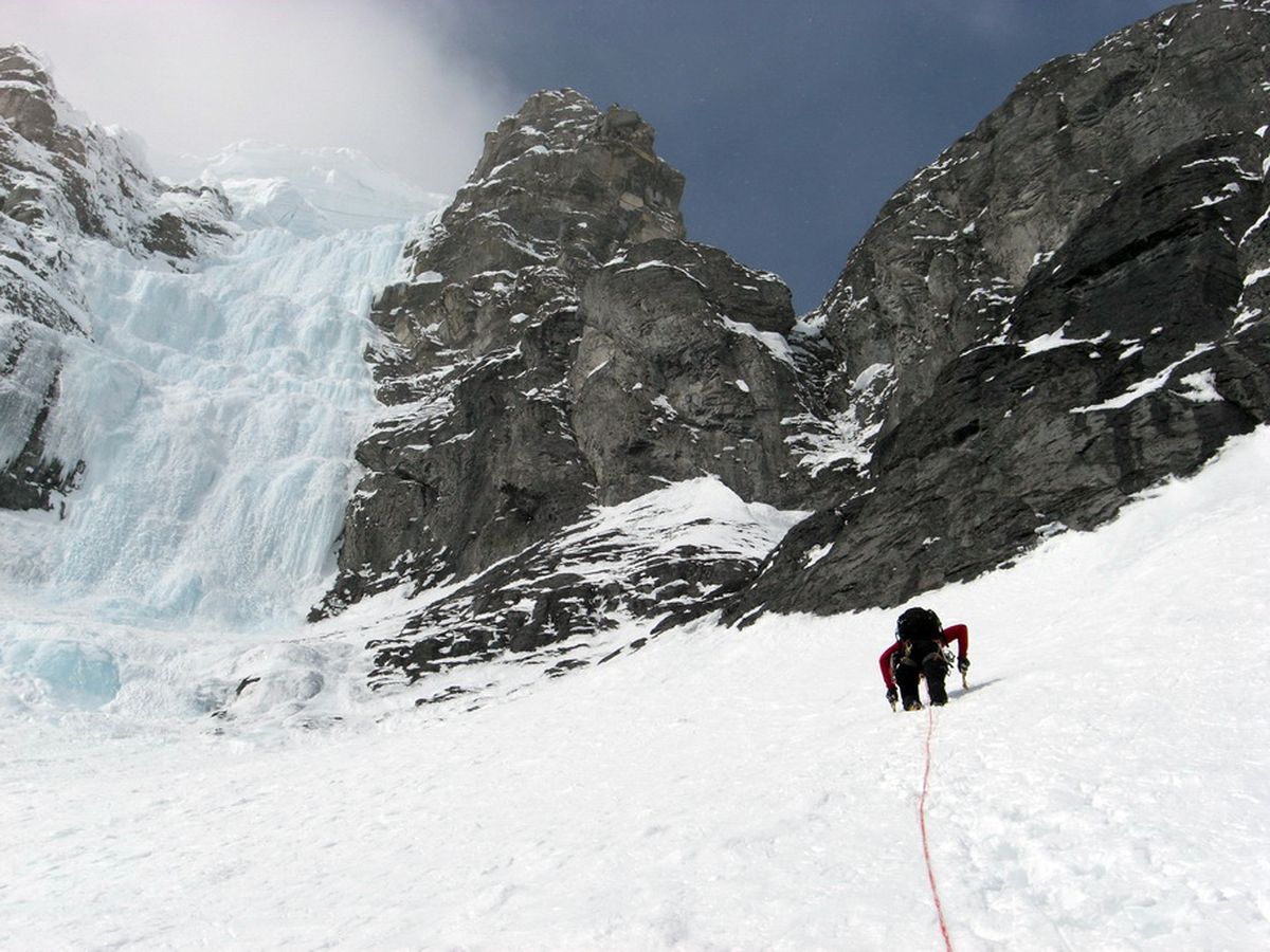 Jess Roskelley of Spokane ascends a snow and ice route called Slipstream toward the top of Snow Dome in the Columbia Icefields of Alberta’s Jasper National Park. Courtesy of John Roskelley (Courtesy of John Roskelley / The Spokesman-Review)