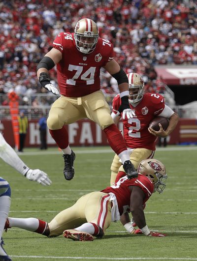 San Francisco 49ers offensive tackle Joe Staley (74) might be a possibility for the Seahawks, but it would take a financial commitment that the team doesn’t usually make on the line. (Marcio Jose Sanchez / Associated Press)