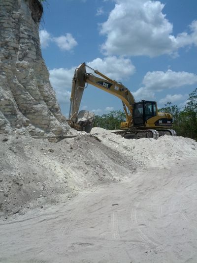 A backhoe claws away at the sloping sides of the Nohmul complex Friday in northern Belize. (Associated Press)