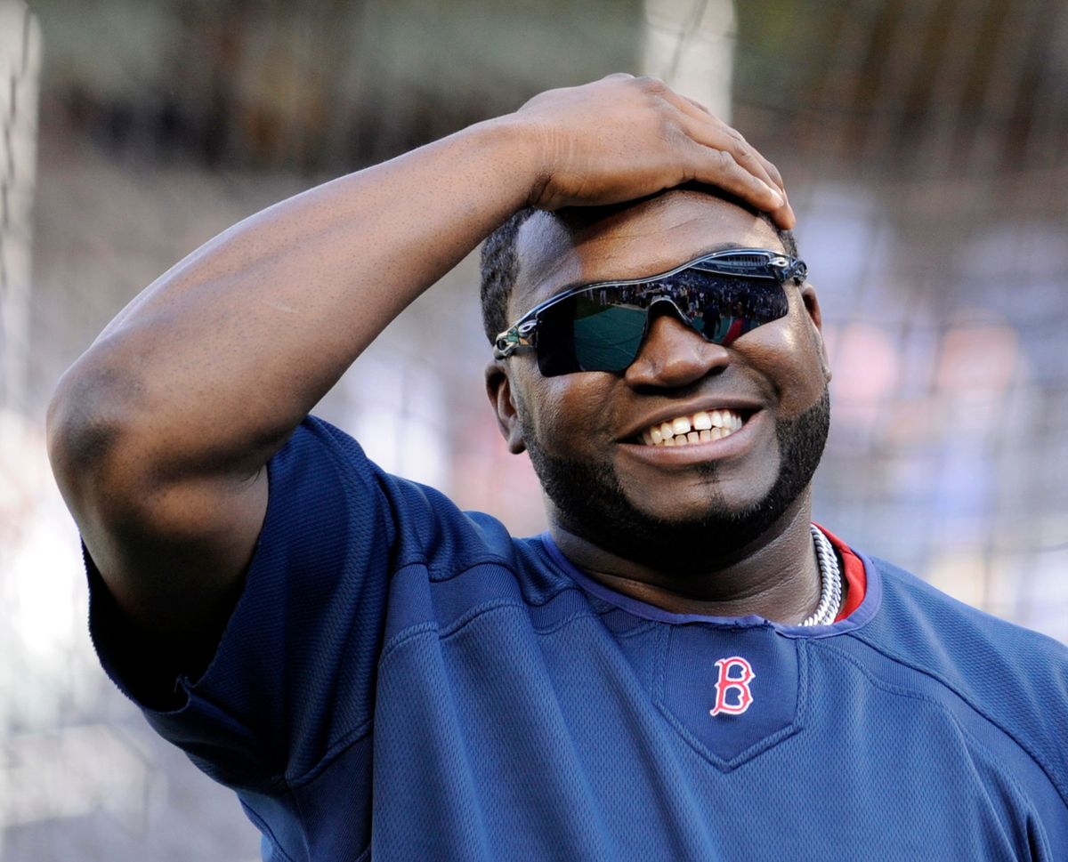 Boston Red Sox David Ortiz reacts before a baseball game against the New York Yankees, Friday, Aug. 7, 2009, at Yankee Stadium in New York. Ortiz knows a thing or two about clutch swings late in the game. But he might put this one away in his first at-bat. Ortiz, a 10-time All-Star who spent most of his career with the Boston Red Sox, leads a group of 13 first-time eligible players getting serious consideration from voters for the Baseball Hall of Fame.  (Bill Kostroun)