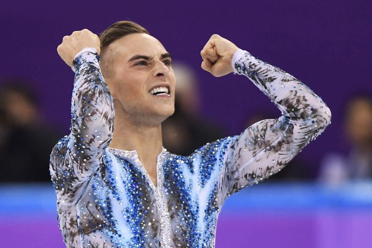 Adam Rippon of the United States reacts after his performance in the men’s single skating free skating in the Gangneung Ice Arena at the 2018 Winter Olympics in Gangneung, South Korea, on Monday, Feb. 12, 2018. (Paul Chiasson / AP)