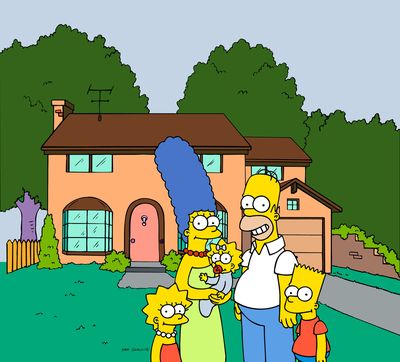 From left, Lisa, Marge, Maggie, Homer and Bart Simpson, posing in front of their Springfield home. Fox (Fox)