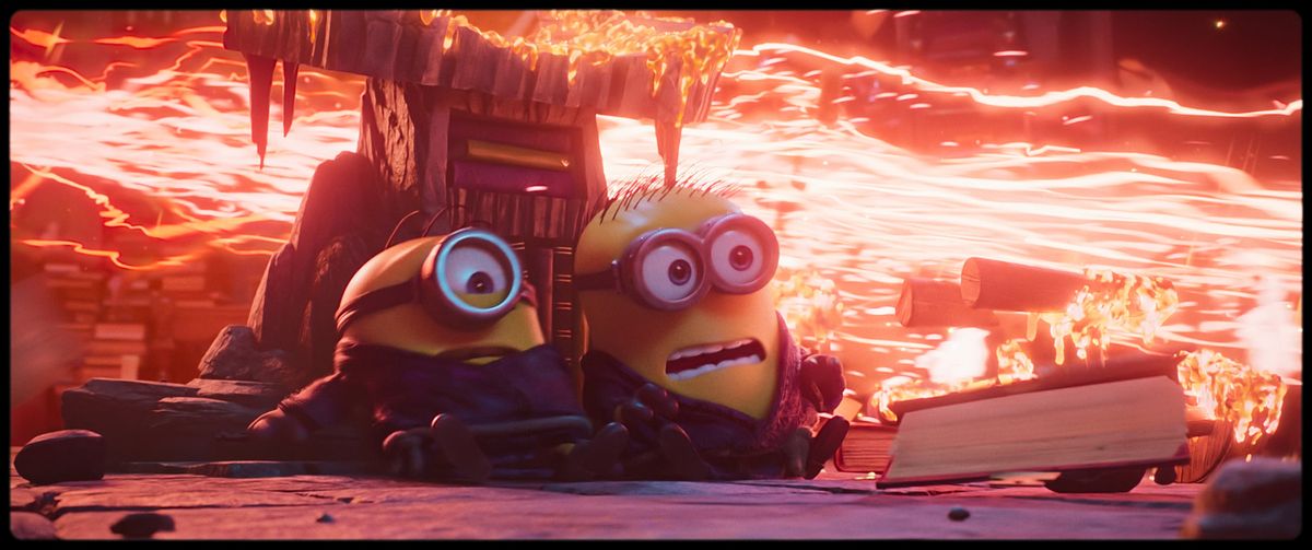 James, left, and Henry in a scene from “Minions & Monsters,” directed by Pierre Coffin.  (Illumination & Universal Pictures)
