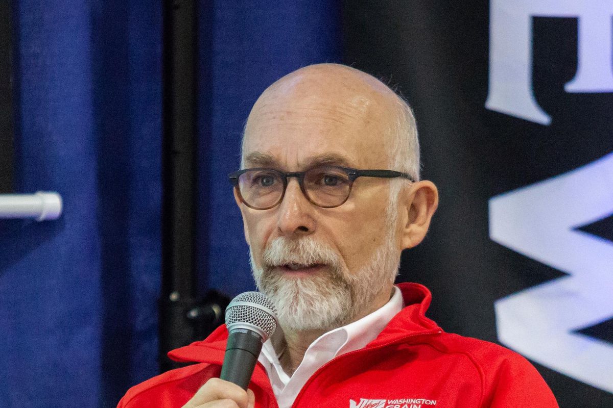Scott Yates of the Washington Grain Commission field questions from a talk called "Wheat Around the World" at the Spokane County Fair and Expo grounds on Sept. 12, 2018. Spokesman-Review Metro Editor John Stucke hosted the discussion. Libby Kamrowski/ THE SPOKESMAN-REVIEW (Libby Kamrowski / The Spokesman-Review)