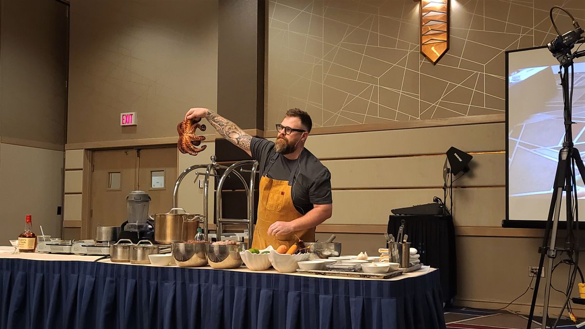 Chad White leads a class on cooking charred octopus with whiskey during Whiskey Barrel Weekend at Coeur d’Alene Resort on Saturday, Oct. 16, 2021.  (Charles Chareunsy/For The Spokesman-Review)