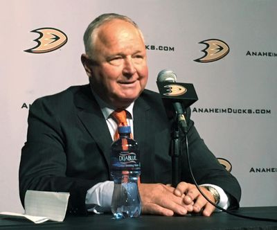 Randy Carlyle is introduced by the Anaheim Ducks as they announce his re-hiring Tuesday,  welcoming back the NHL hockey franchise’s only Stanley Cup-winning coach. (Greg Beacham / Associated Press)