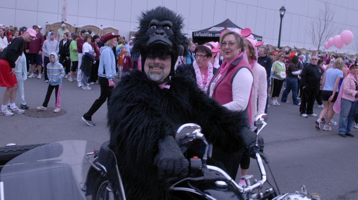 Ira Amstadter joined the Race for the Cure pre-race festivities Sunday morning, driving around the starting area greeting participants and spectators on his Russian Ural  sidecar motorcycle. “I’m the gorilla of their dreams,” he said.  (J. BART RAYNIAK / The Spokesman-Review)