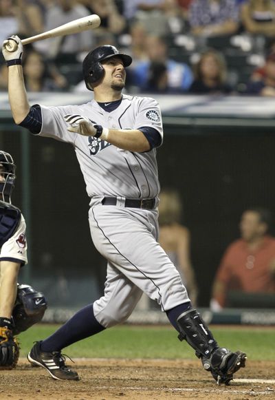 Josh Bard watches the flight of his grand slam against the Indians on Saturday. (Amy Sancetta / Associated Press)