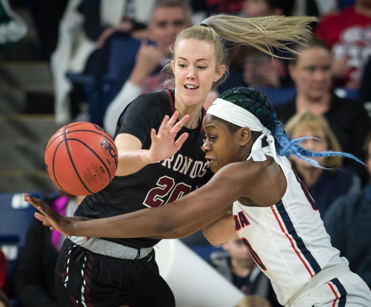 Gonzaga forward Zykera Rice slaps the ball away from Santa Clara Lauren Yearwood, Saturday, Jan 26, 2019, in the McCarthey Athletic Center. (Dan Pelle / The Spokesman-Review)