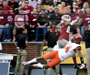 Washington State receiver Dom Williams (80) hauls in a long pass against Oregon State during the first half of a PAC 12 football game on Saturday, Oct 17, 2015, at Martin Stadium in Pullman, Wash. (Tyler Tjomsland / The Spokesman-Review)