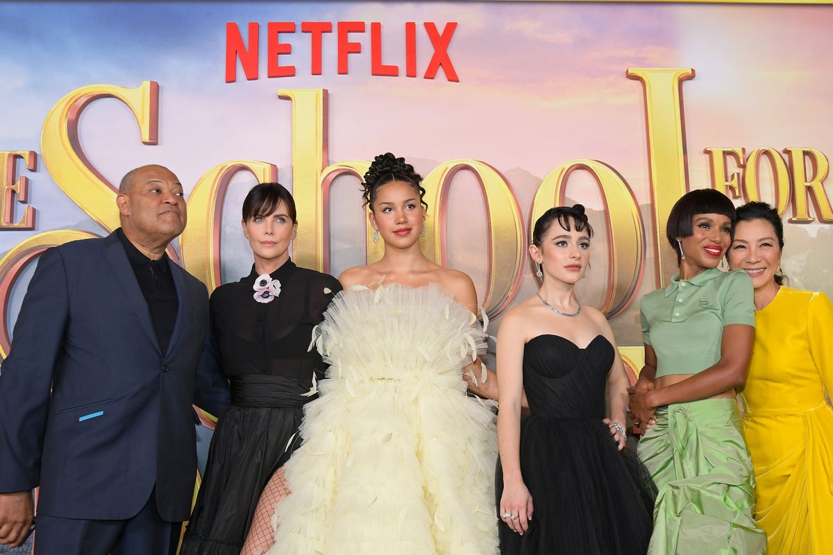 Inset: Actors Laurence Fishburne, left to right, Charlize Theron, Sofia Wylie, Sophia Anne Caruso, Kerry Washington and Michelle Yeoh attend the world premiere of Netflix’s “The School For Good And Evil” on Tuesday at Regency Village Theatre in Los Angeles.  (Getty Images)