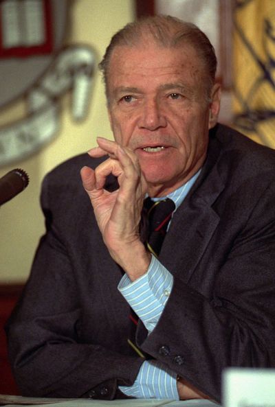 In this January 1992 file photo, former Defense Secretary Robert McNamara gestures during a news conference in Washington, D.C. McNamara died July 6, 2009, according to his wife. He was 93.  (Associated Press)