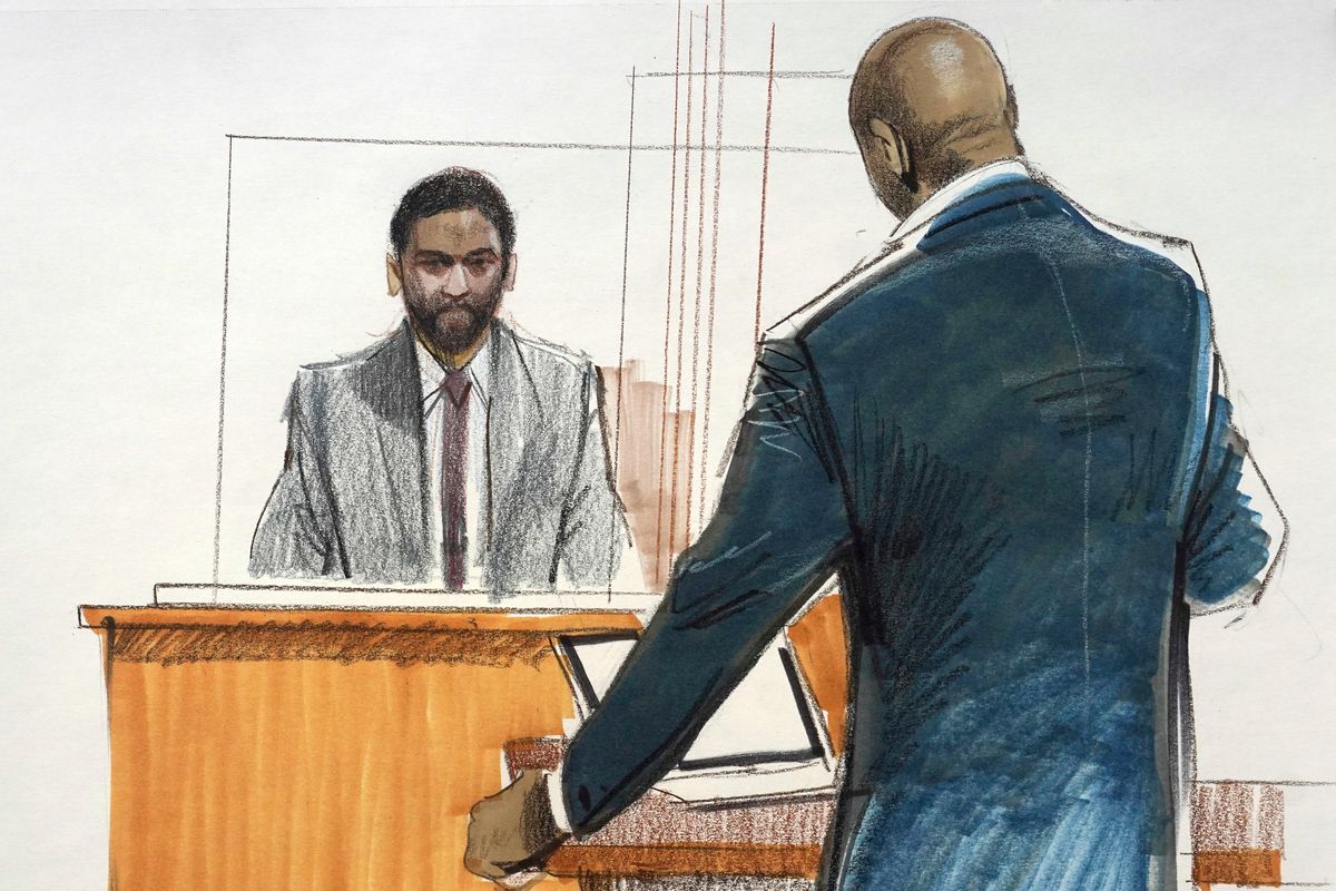 In this courtroom sketch, actor Jussie Smollett, left, is questioned by his defense attorney Nenye Uche, Monday, Dec. 6, 2021, at the Leighton Criminal Courthouse on day five of his trial in Chicago.  (Cheryl Cook)