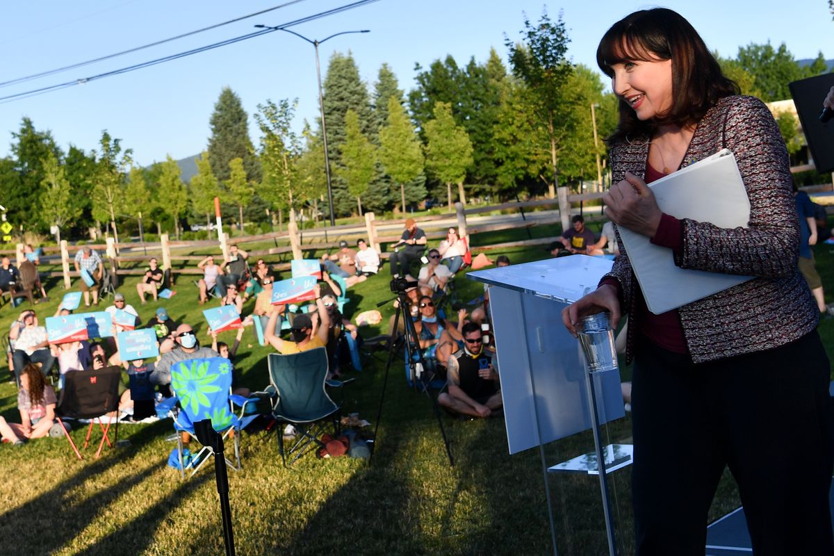 Libertarian Presidential Candidate Jo Jorgensen smiles as she exits the stage to head to Seattle after she spoke to supporters during a Town Hall on Friday, July 17, 2020, at Trailbreaker Cider in Liberty Lake, Wash.  (Tyler Tjomsland/THE SPOKESMAN-REVIEW)