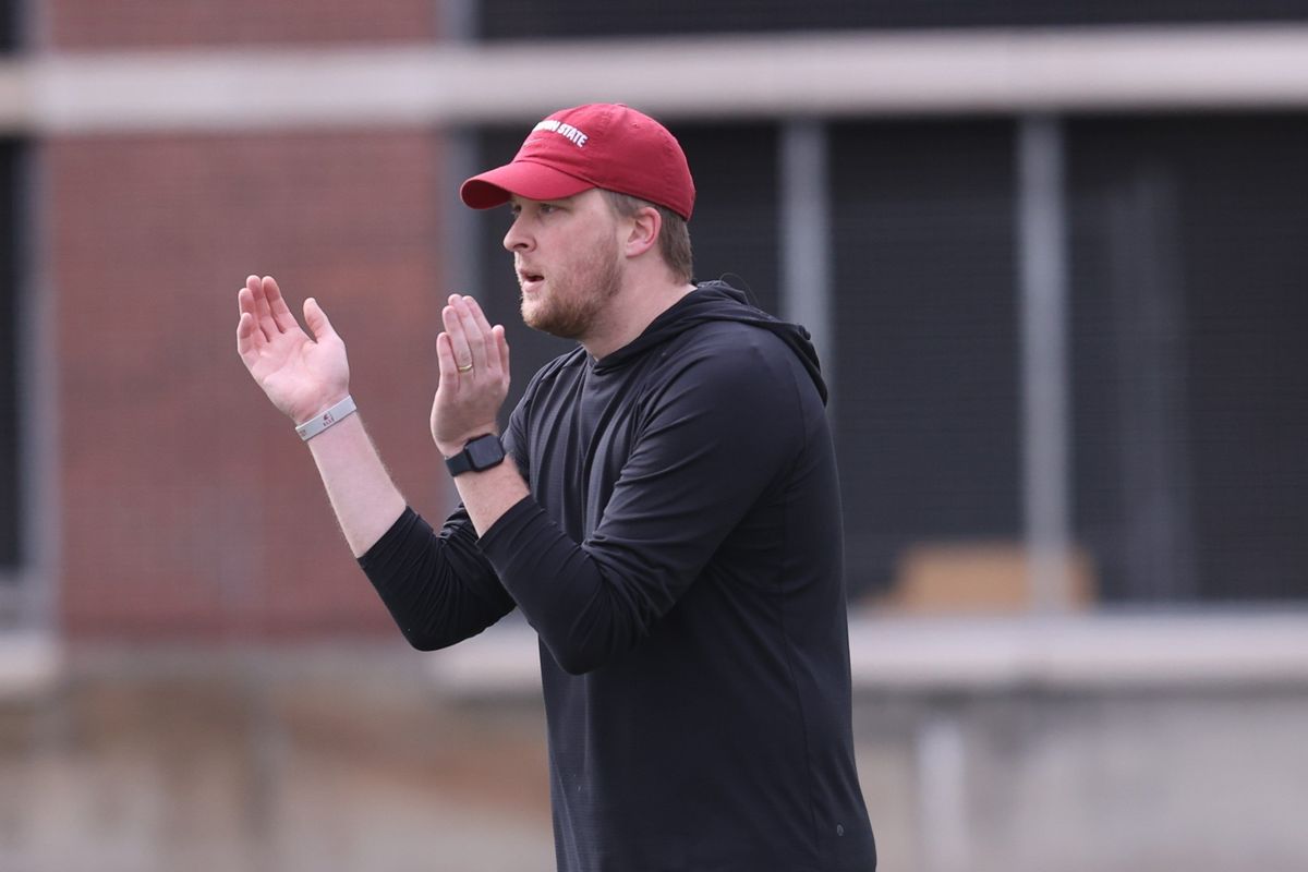 Washington State offensive coordinator Ben Arbuckle looks on during a recent spring camp practice.  (WSU Athletics)