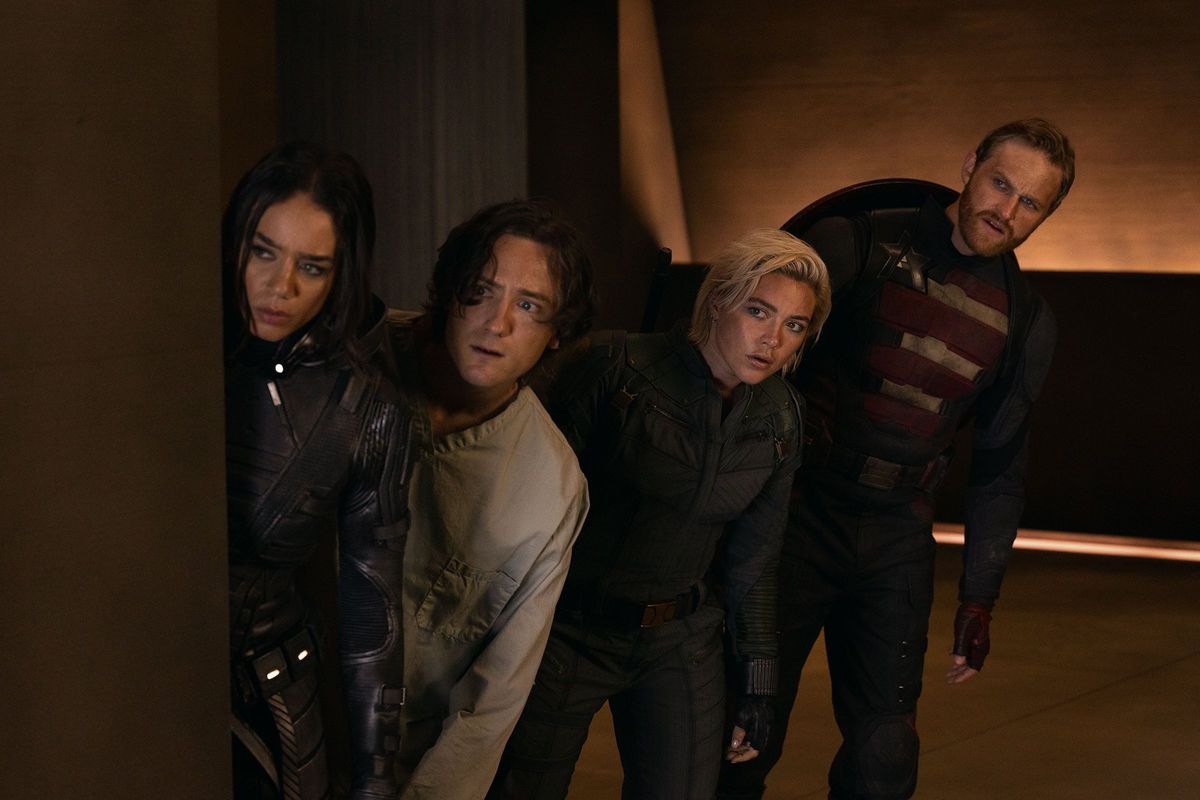 Hannah John-Kamen, left, Lewis Pullman, Florence Pugh and Wyatt Russell in Marvel Studios’ “Thunderbolts*.” (Marvel Studios)