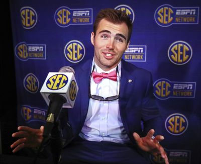 Georgia quarterback Jake Fromm speaks during a press conference at the Southeastern Conference NCAA college football media days in Hoover, Ala., Tuesday, July 16, 2019. (Curtis Compton / Atlanta Journal-Constitution via AP)