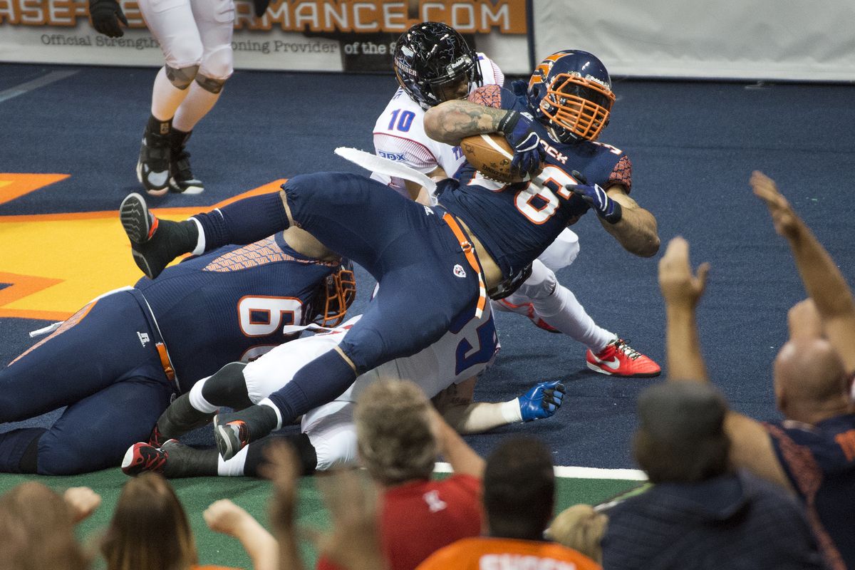 Running back Bryson Kelly fights his way into the end zone for the Shock’s first score in a 42-40 victory over Portland. (Dan Pelle)