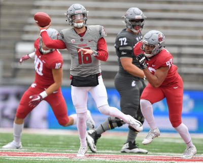 Washington State Cougars quarterback Anthony Gordon (18) throws during WSU's Crimson and Grey Scrimmage on Saturday, April 20, 2019, at Martin Stadium in Pullman, Wash. (Tyler Tjomsland / The Spokesman-Review)